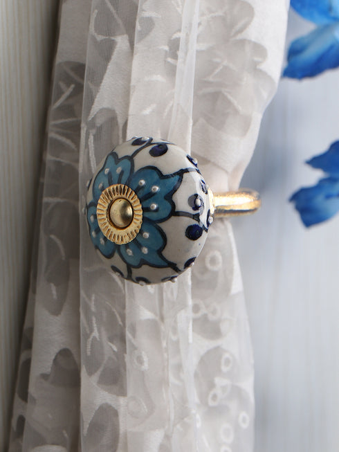 TURQUOISE FLOWER PRINT CURTAIN TIE BACKS HOOK - (SET OF TWO PIECES)